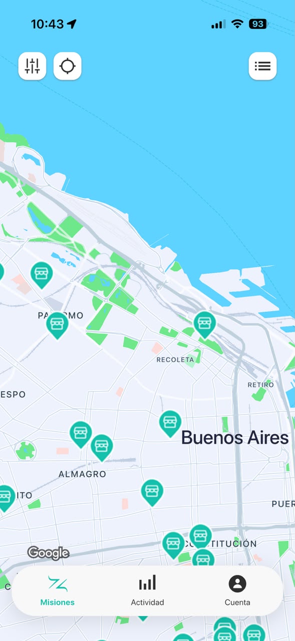 App de Znapp: mapa de Buenos Aires con las misiones disponibles cerca, marcadas con pines de comercio.