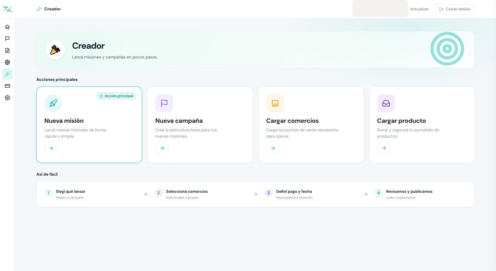 Creador de campañas del dashboard de Znapp, con las acciones para lanzar una nueva misión o una nueva campaña.